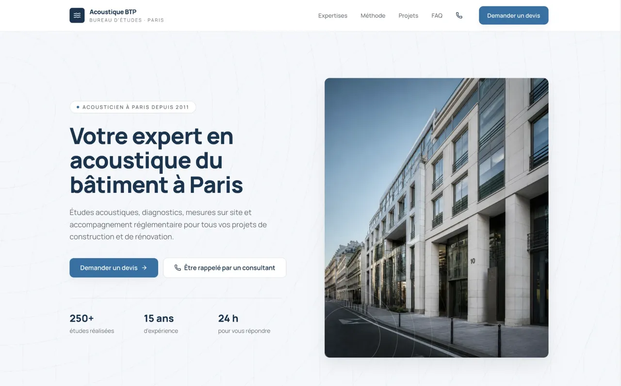 Page d'accueil du site d'Acoustique BTP, bureau d'études acoustique