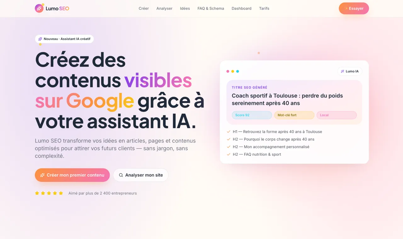 Interface de l'application LUMO, assistant de contenu SEO