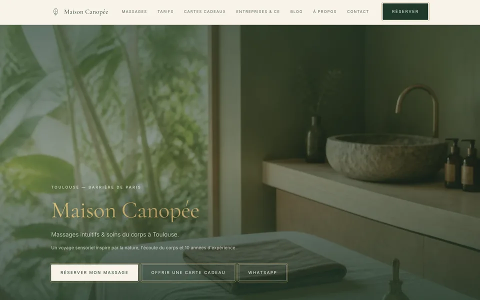 Page d'accueil du site Maison Canopée, salon de massage à Toulouse