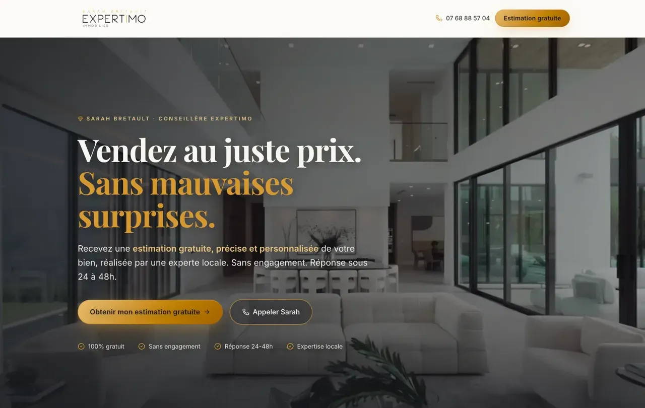Landing page d'estimation immobilière de Sarah Bretault